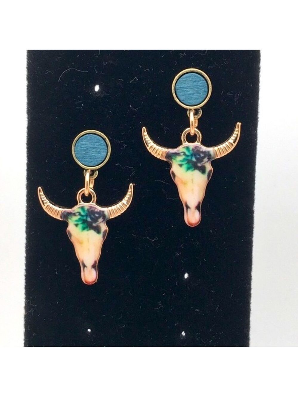 Gold Dipped Floral Longhorn Skull Earrings